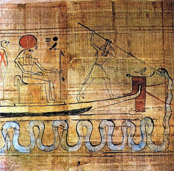 Apep serpent snake speared by Set fm Ra sun boat (Cairo Museum)